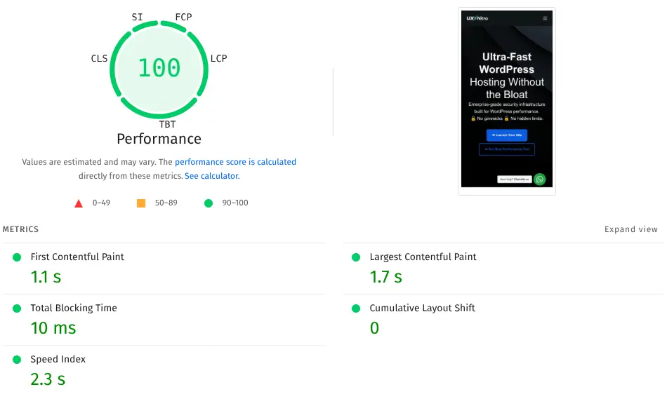 UXNitro WordPress hosting performance metrics — mobile load, Core Web Vitals, speed index, and server response time in green circles